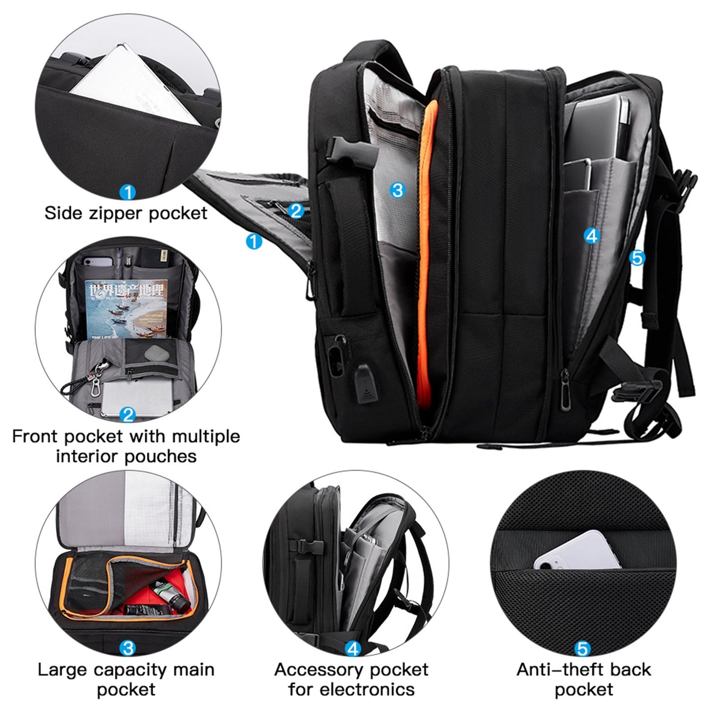 Expandable Carry-On Backpack with USB Charging Port