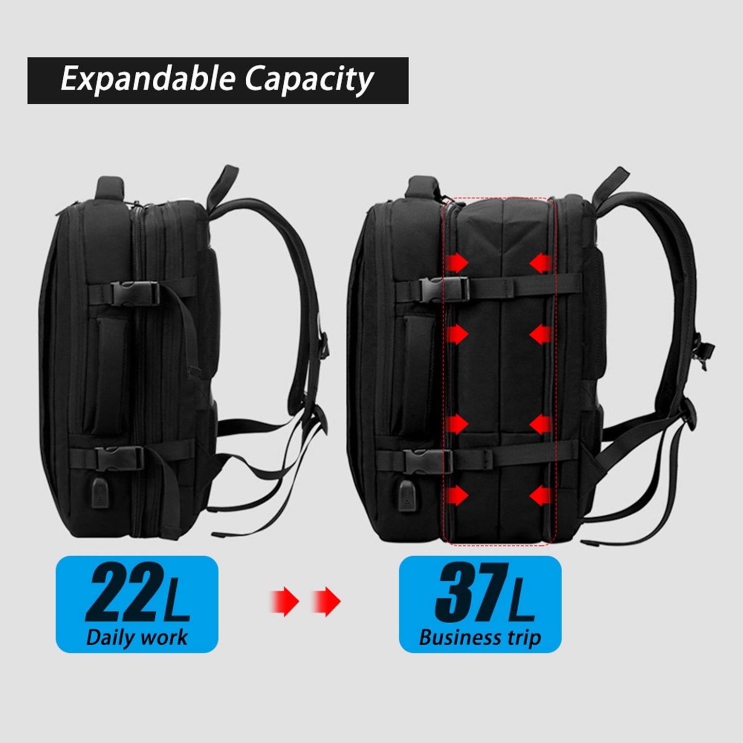 Expandable Carry-On Backpack with USB Charging Port